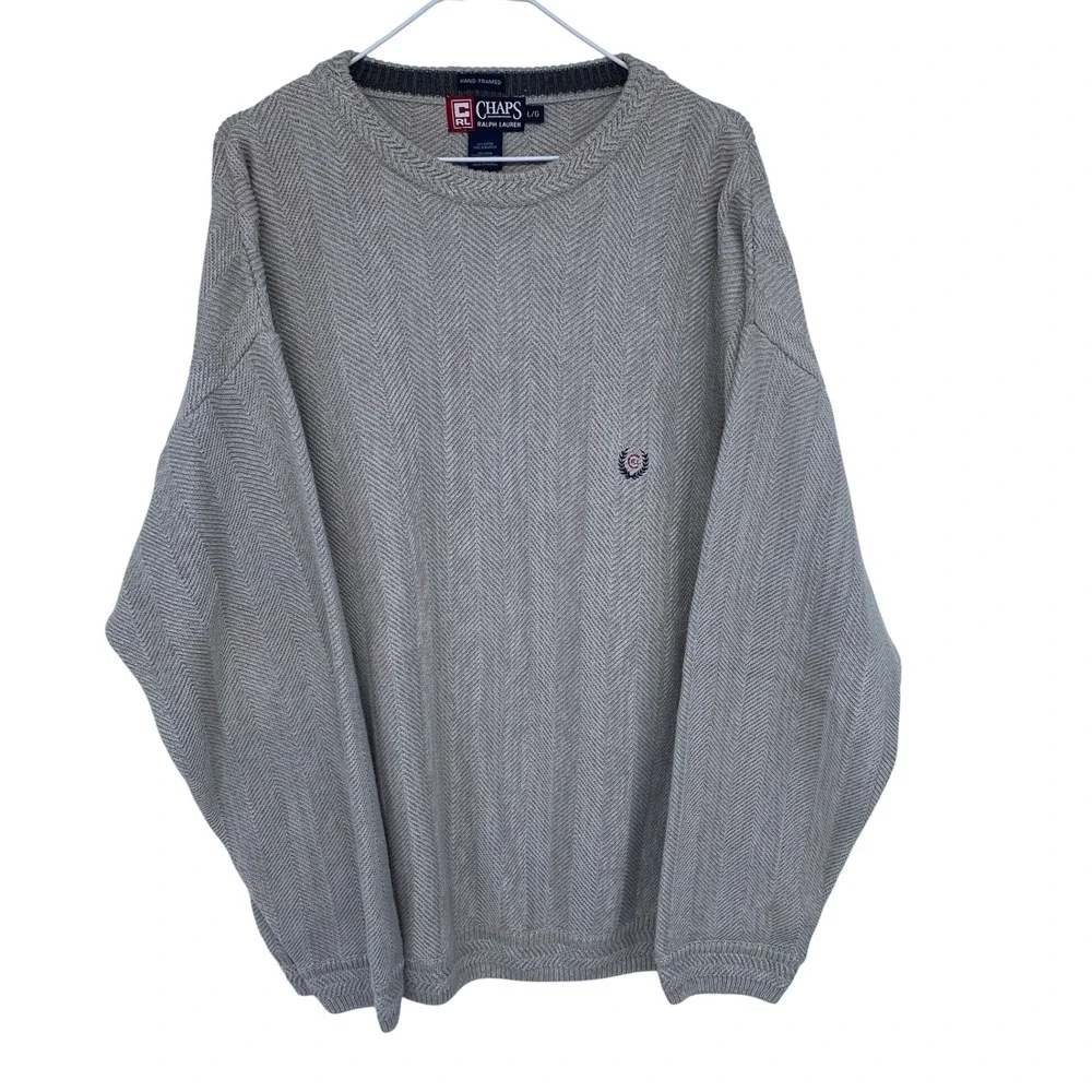 Vintage 90s Chaps Ralph Lauren Mens Herringbone Knit Sweater Lg Beige Crew Neck‎